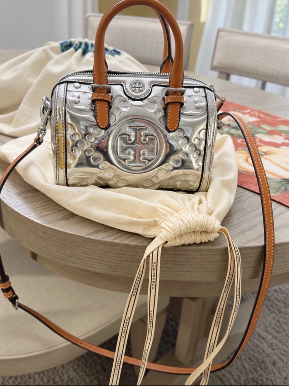 Tory Burch Metallic Silver Fleming Mini Satchel with Tan Handles